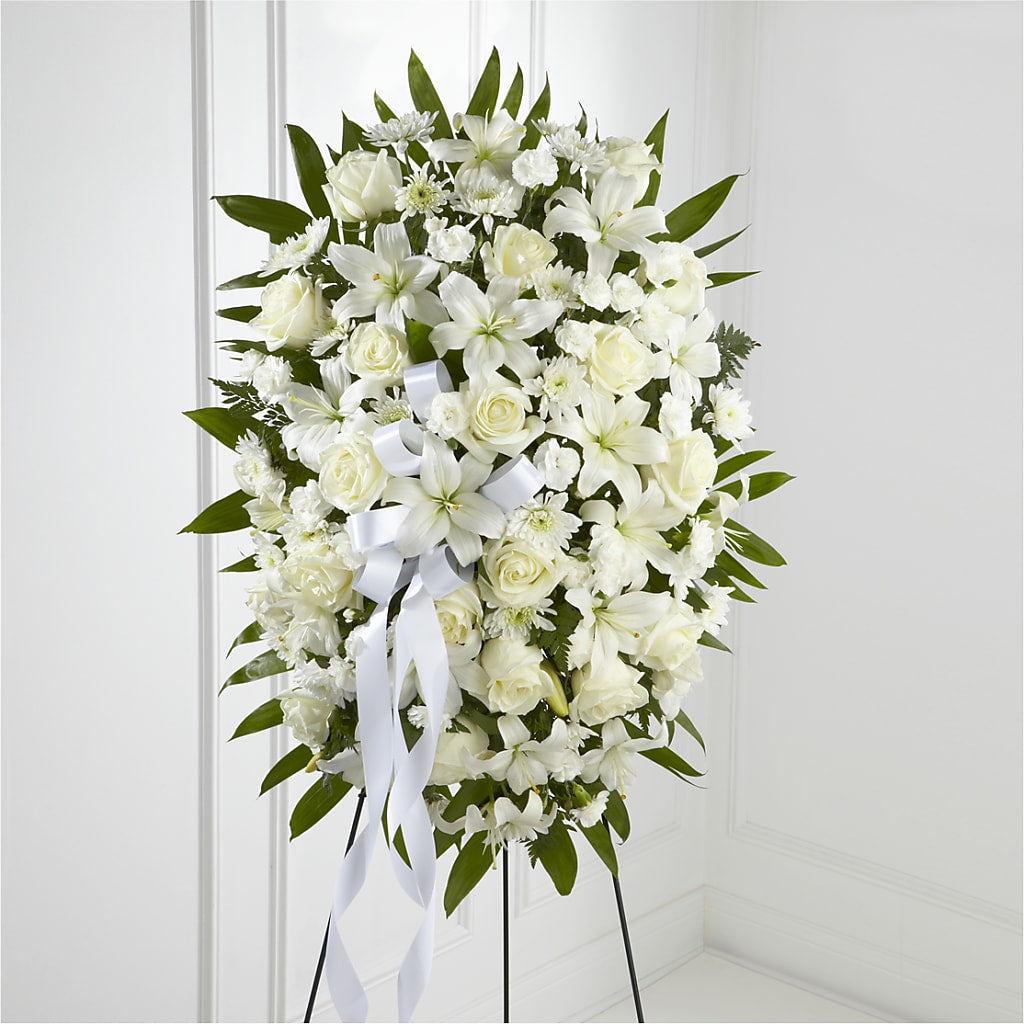 Exquisite Tribute Standing Spray-White Ribbon – Bloom N Grow Floral Design, Atascadero CA