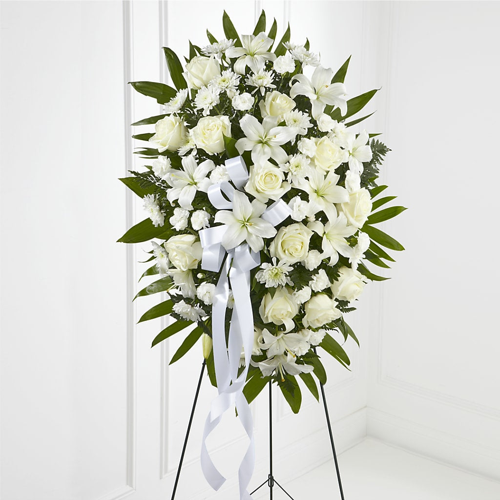 Exquisite Tribute Standing Spray-White Ribbon – Bloom N Grow Floral Design, Atascadero CA